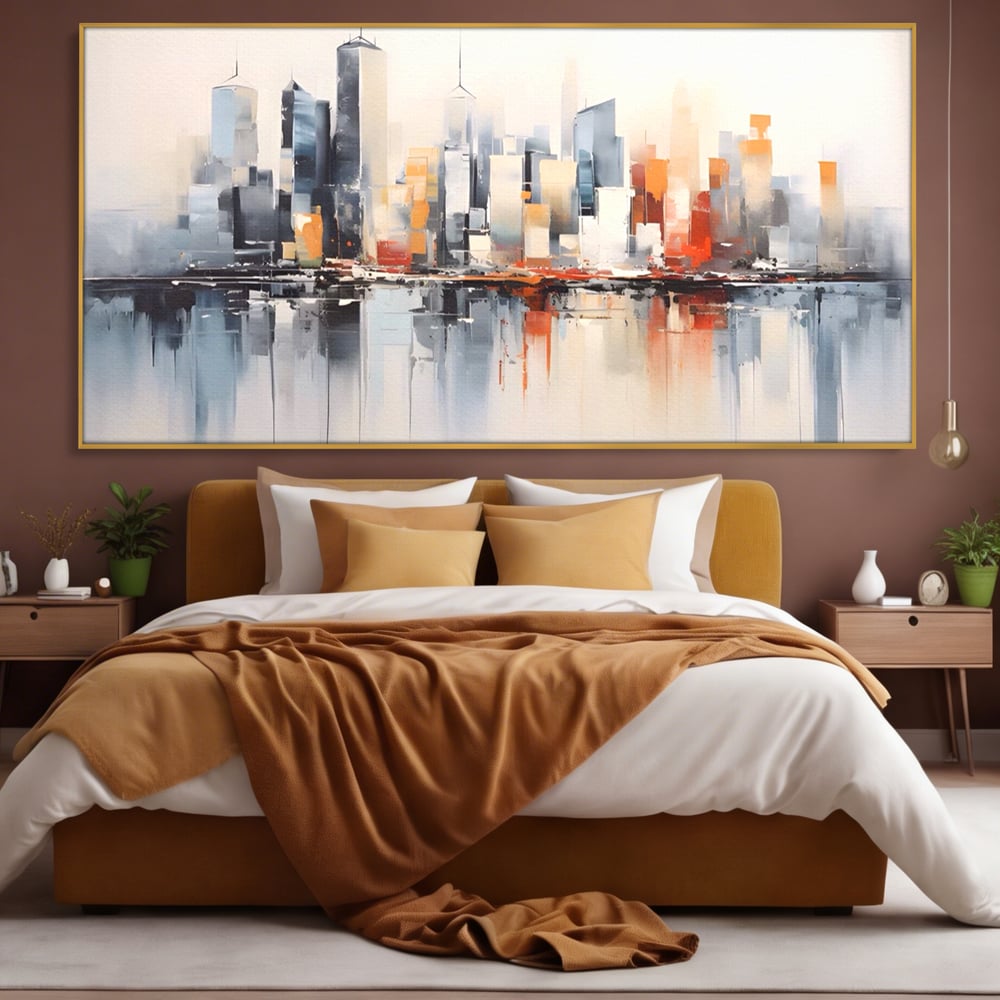 Tablou canvas cu tablou canvas cu peisaj urban abstract, in rama de aluminiu auriu, pe perete intr-un dormitor